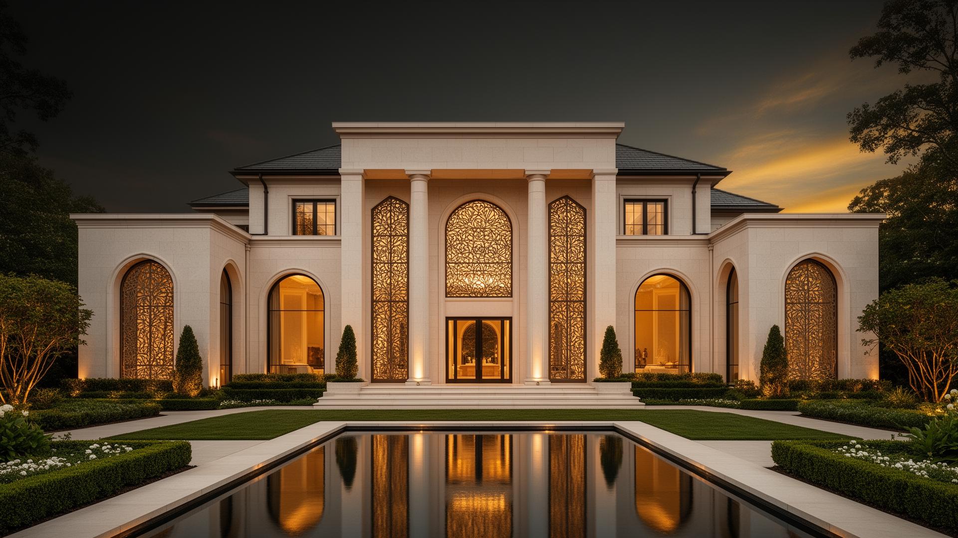 Palatial modern Indiana estate at dusk with reflecting pool and ornamental jali screens